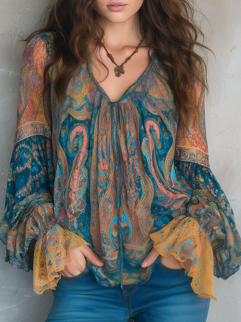 Sara | Blusa Paisley Verde Azulado y Ámbar