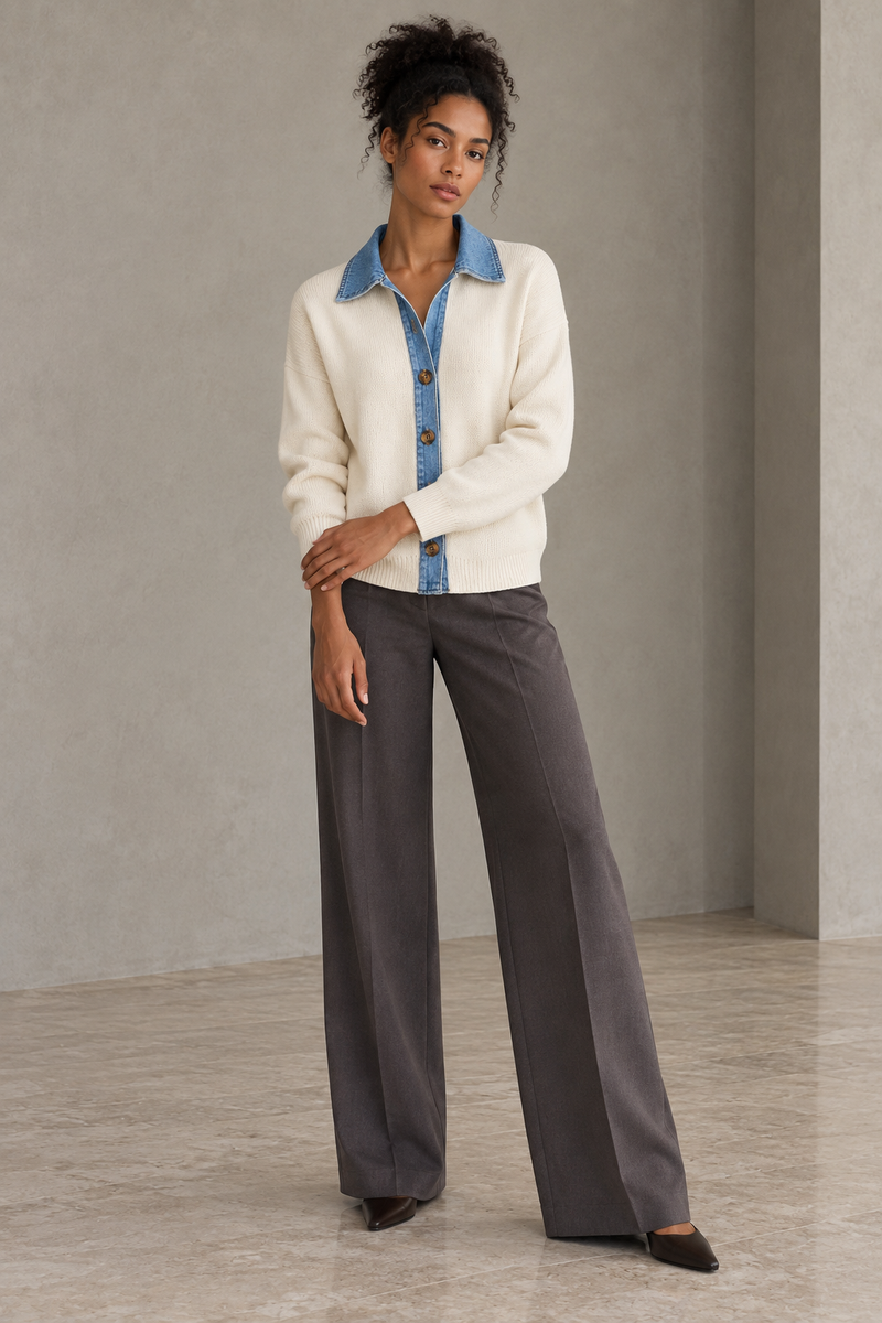 Cardigan de punto con cuello y cenefa de denim color Crudo, vista frontal completa
