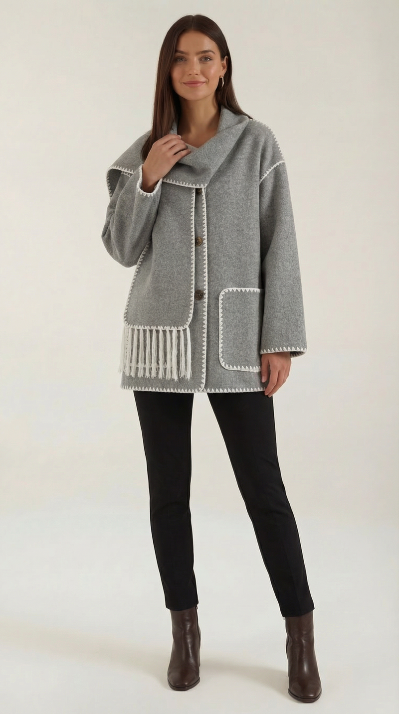 Chaqueta Catherine con Bufanda a Contraste de Alma Sotelo — Gris Humo