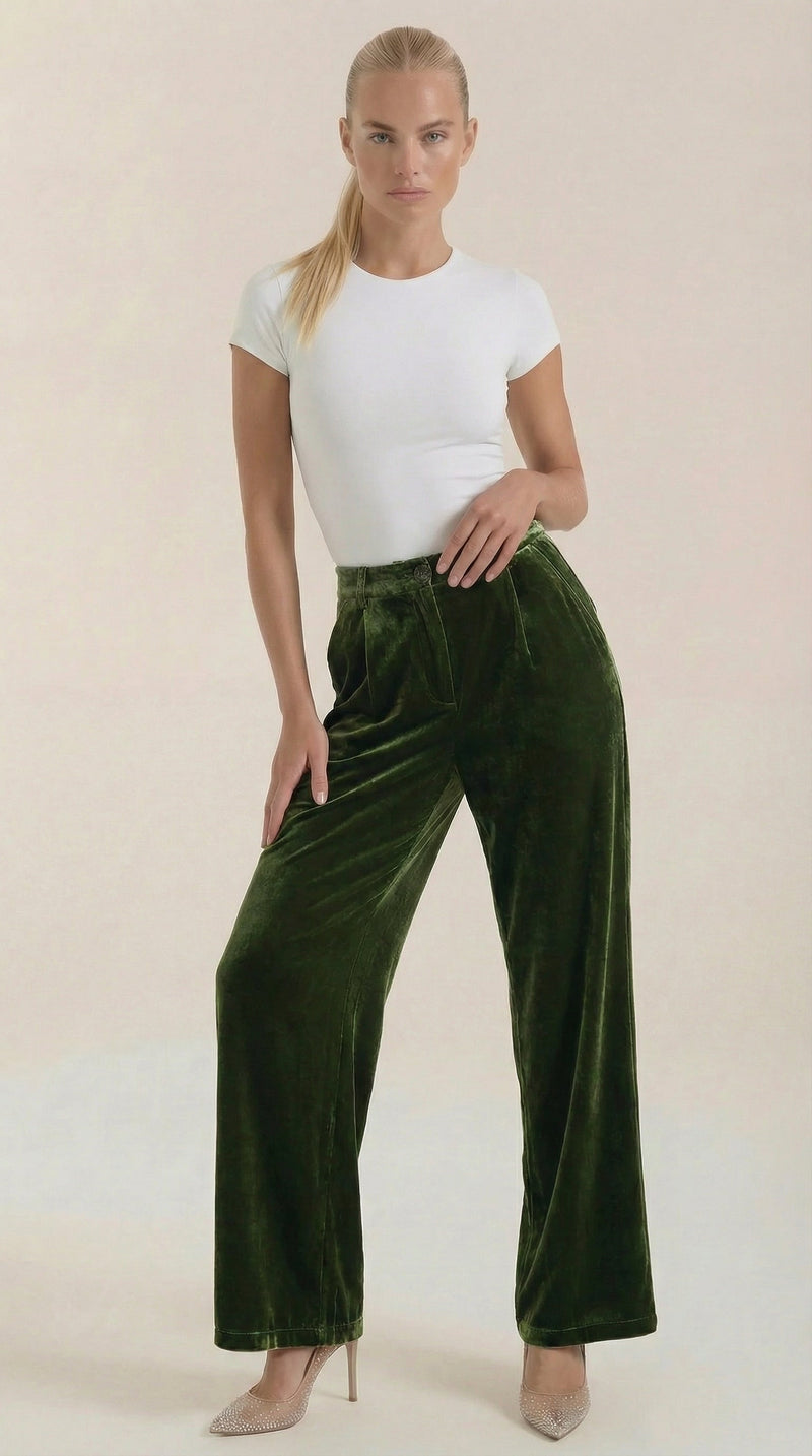 Pantalón Ancho de Terciopelo Nadine de Alma Sotelo — Verde Militar