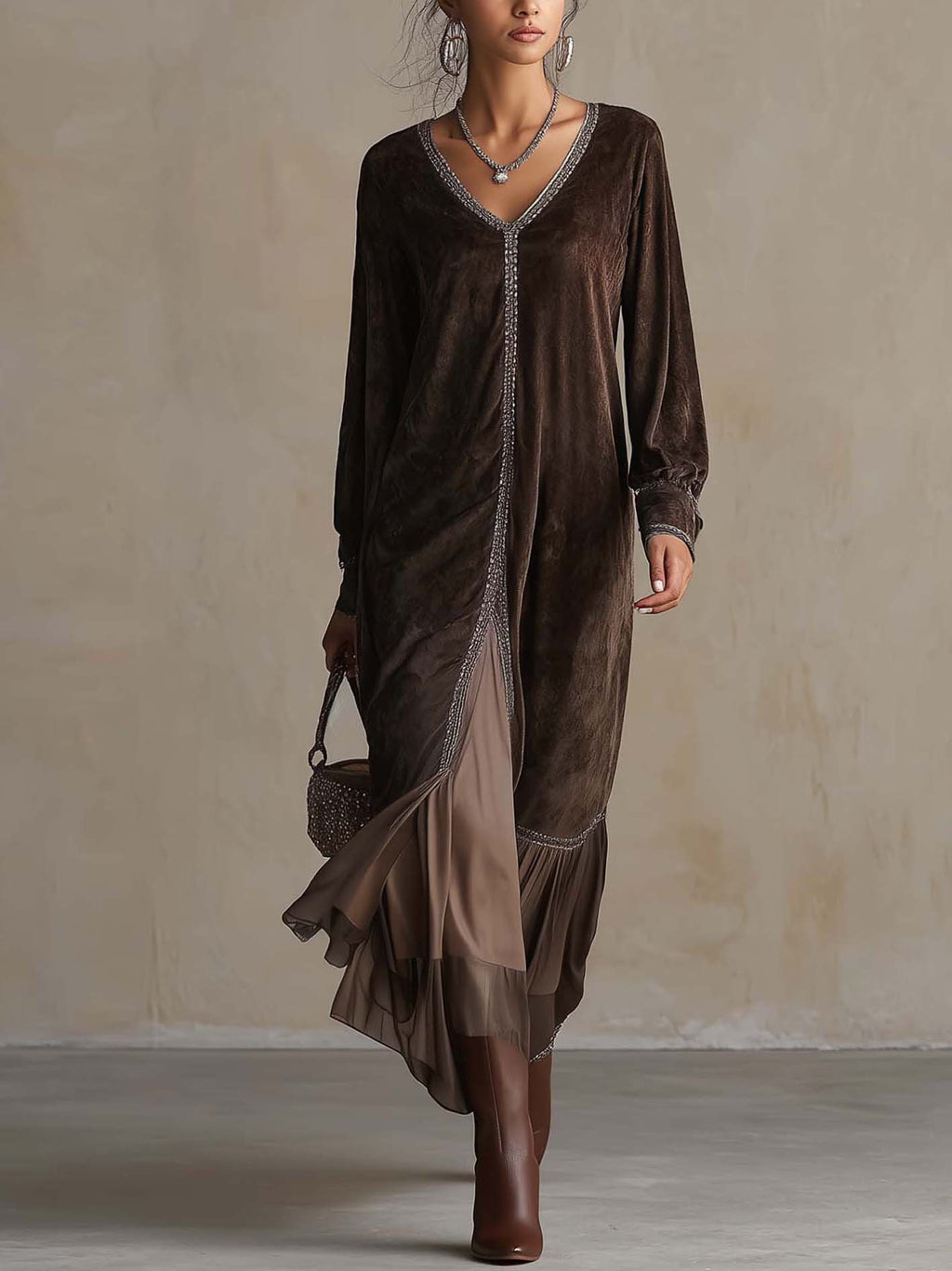 Teresa | Vestido midi holgado de ante sintético con escote en V y detalle de ribete