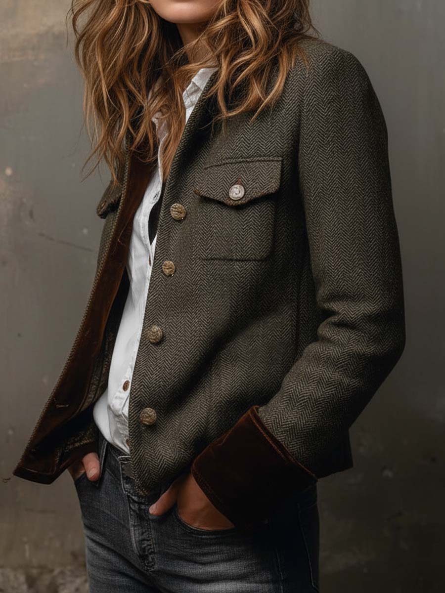 Remedios blazer de espiga verde oliva con ribete en contraste