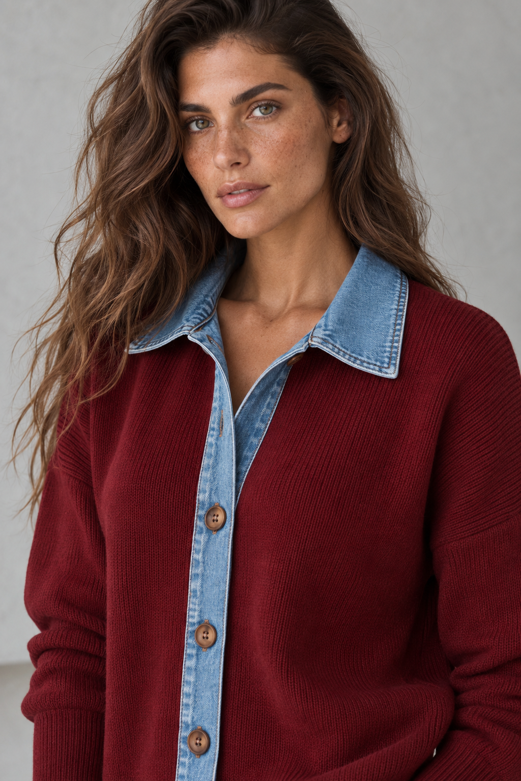 Cardigan de punto con cuello y cenefa de denim color Burdeos, detalle de cuello vaquero y botones de asta