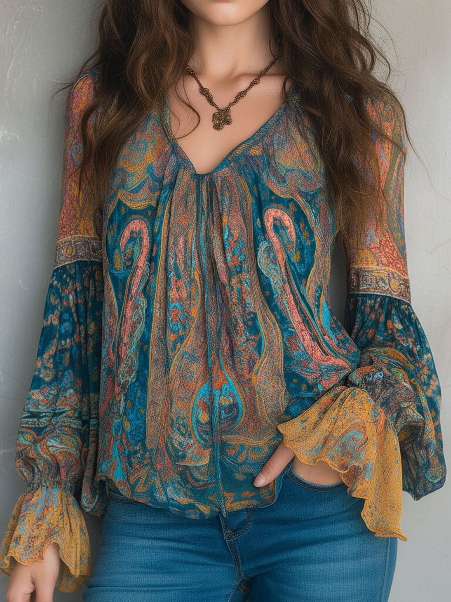 Sara | Blusa Paisley Verde Azulado y Ámbar