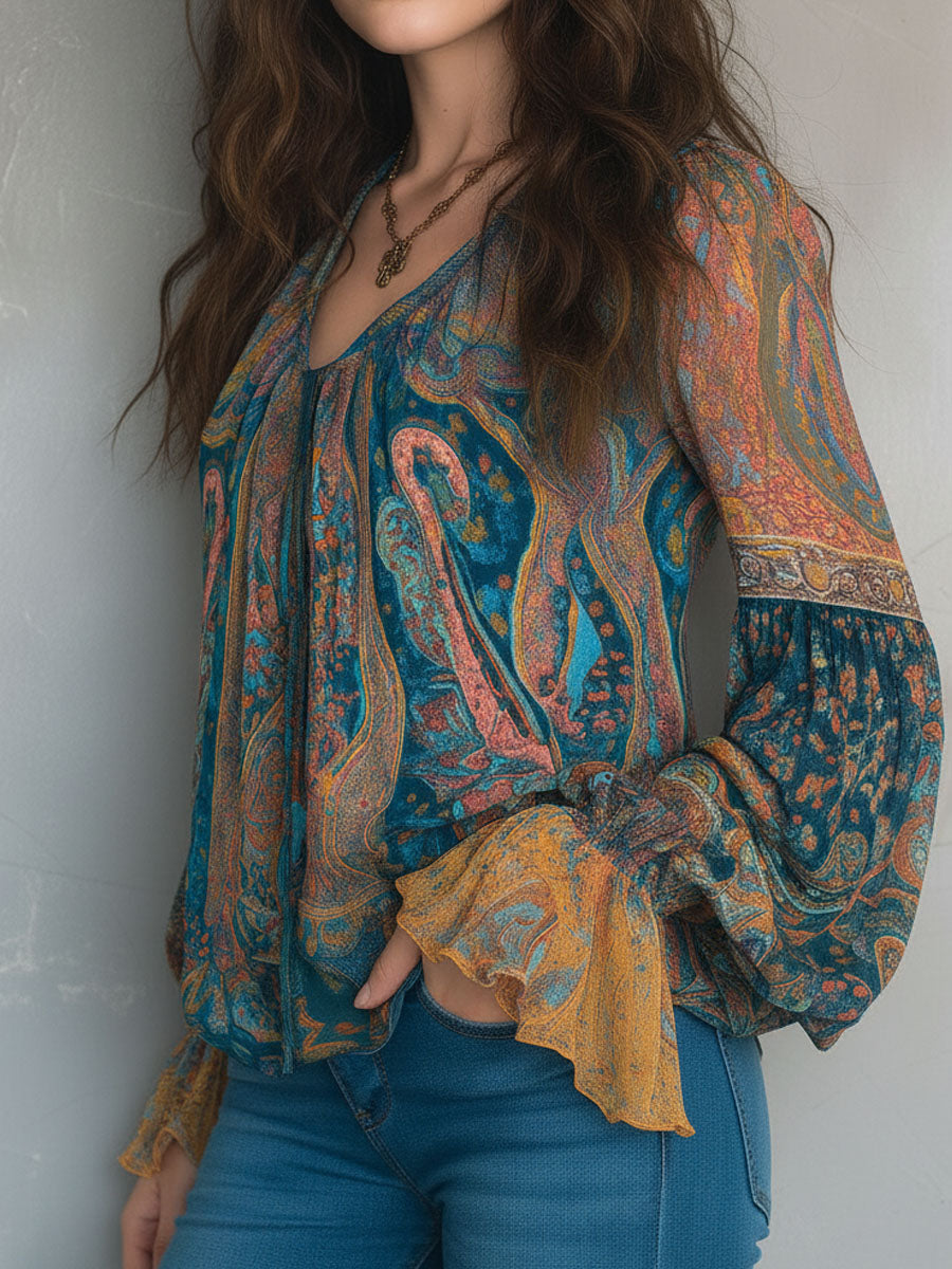 Sara | Blusa Paisley Verde Azulado y Ámbar