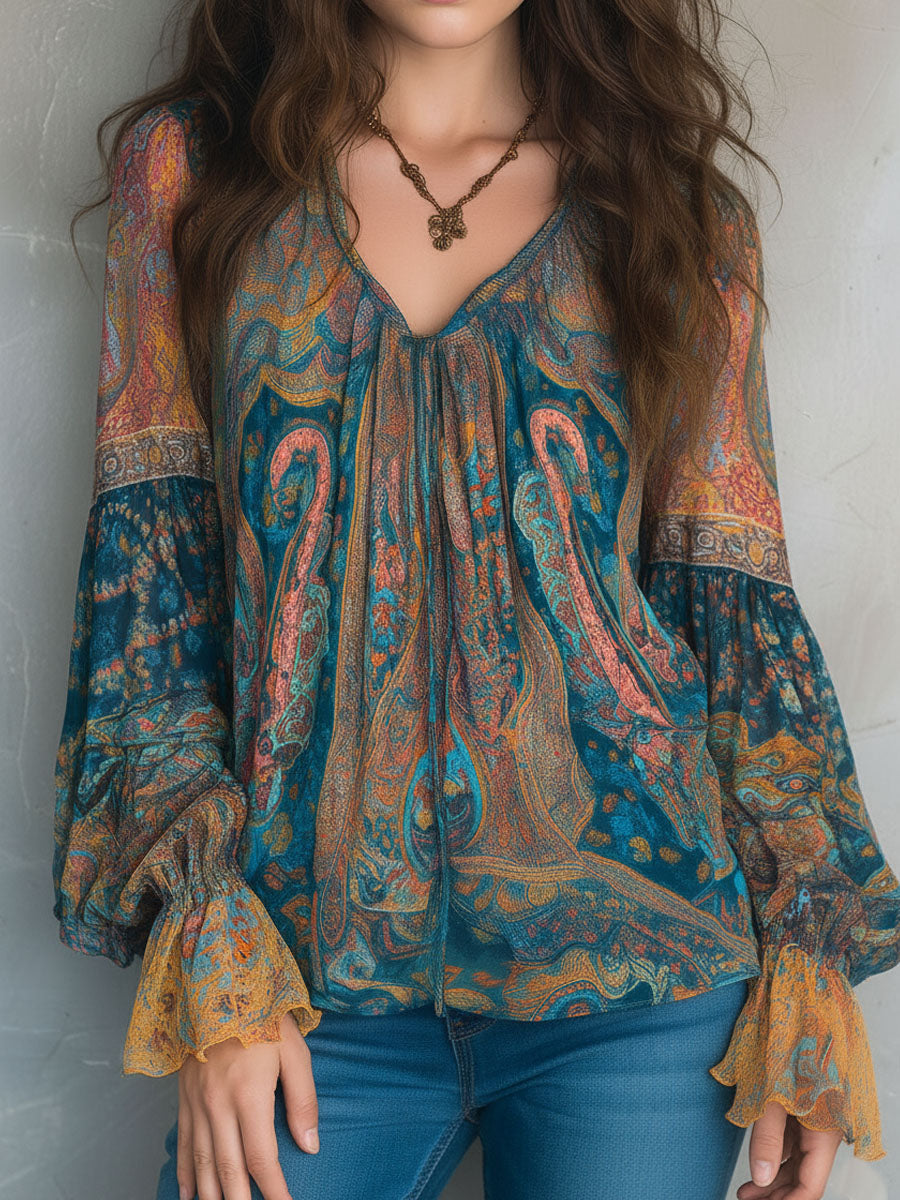 Sara | Blusa Paisley Verde Azulado y Ámbar