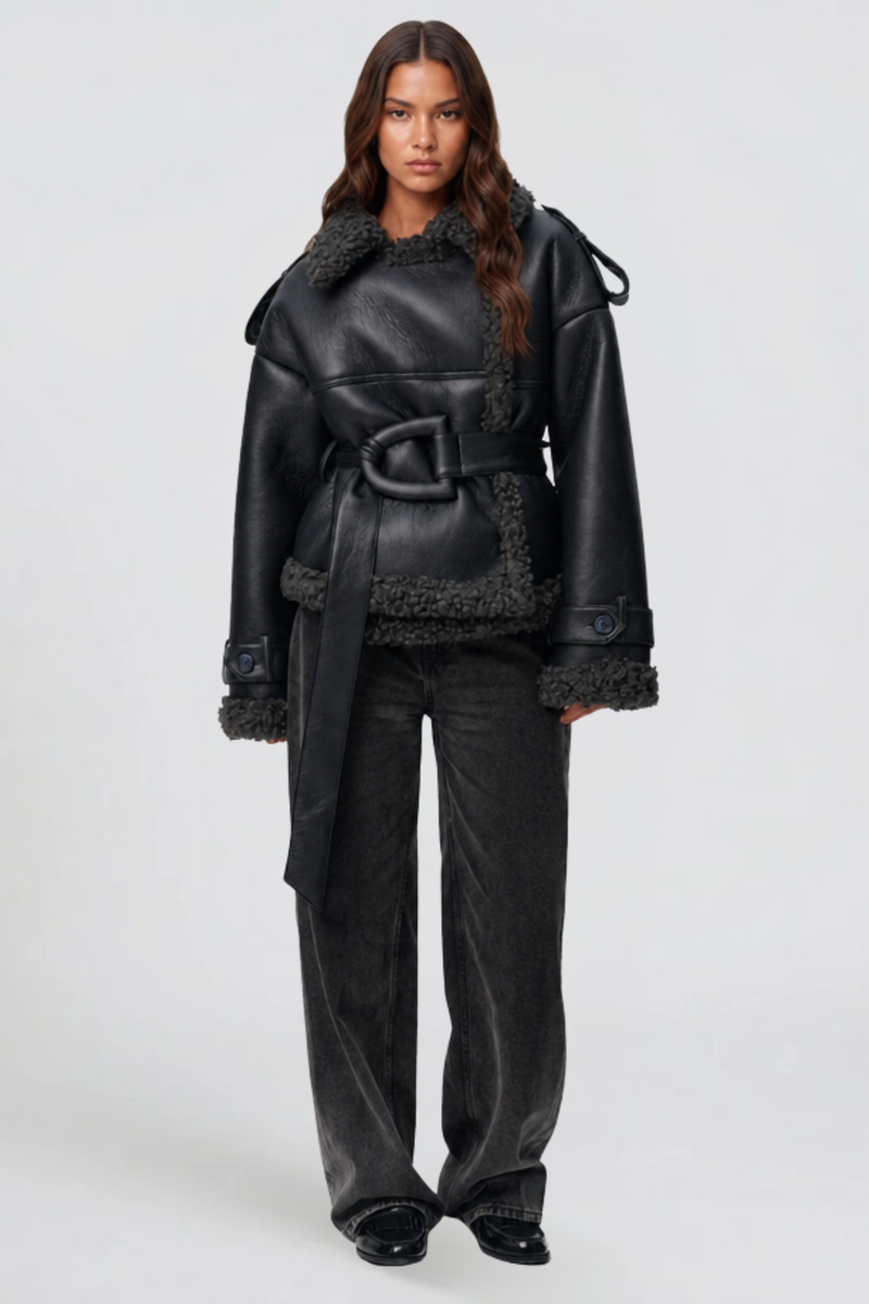 Chaqueta Corta de Piel y Borreguito Roselle de Alma Sotelo — Negro