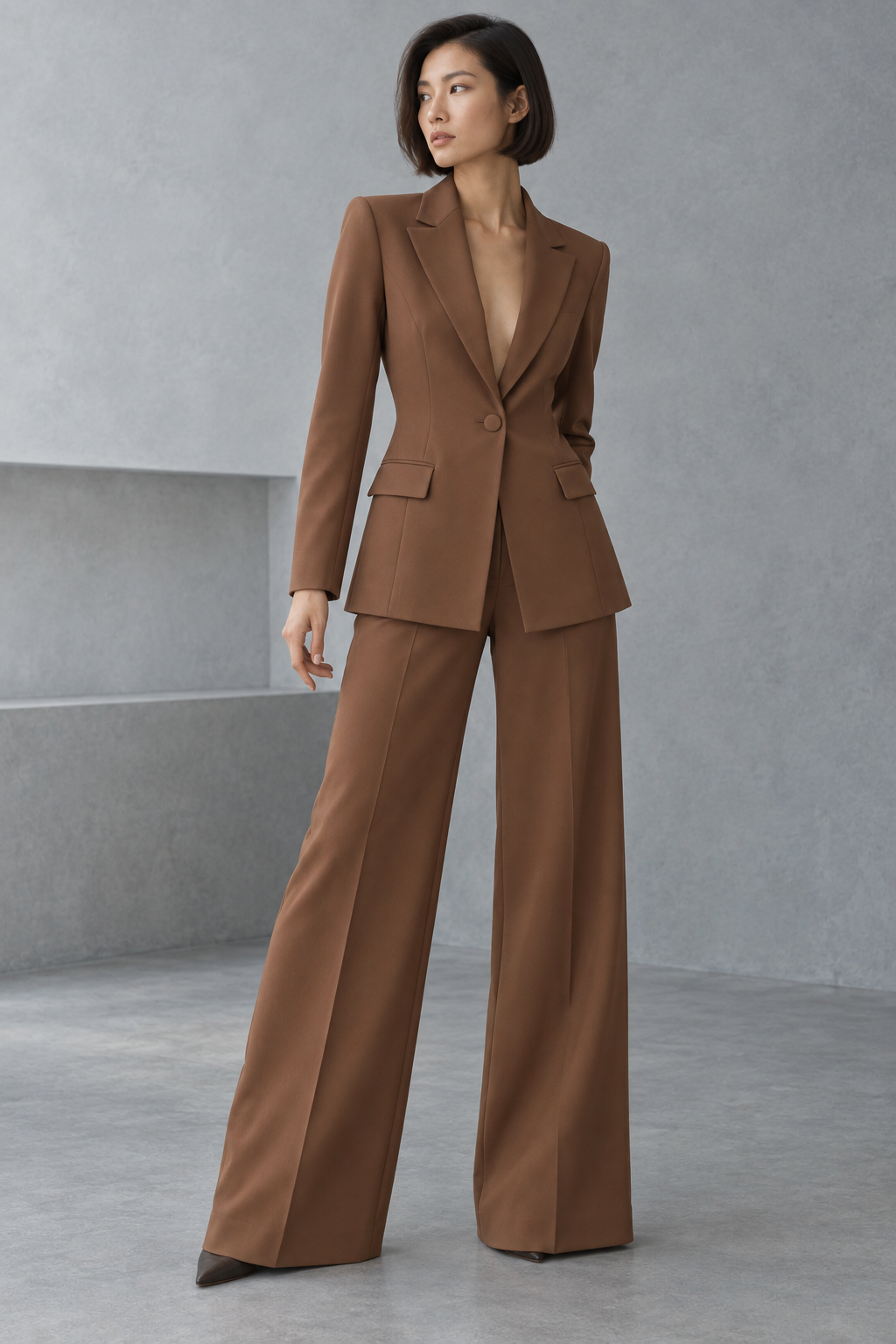Traje de blazer entallada y pantalón ancho color Chocolate, vista frontal completa