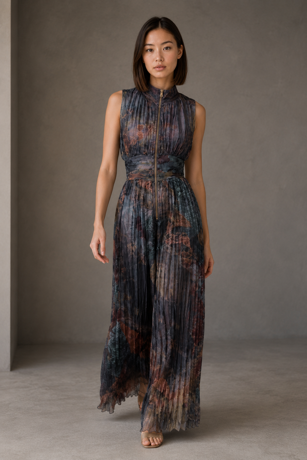 Vestido largo plisado en Floral Óleo — frontal