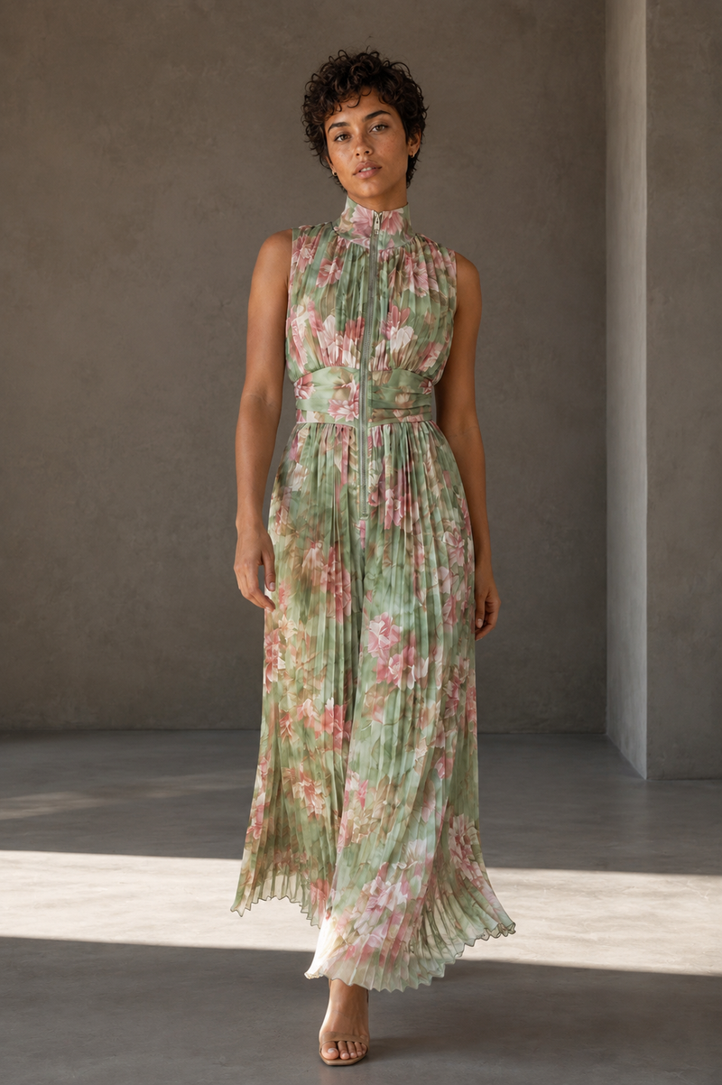 Vestido largo plisado en Verde Salvia — frontal