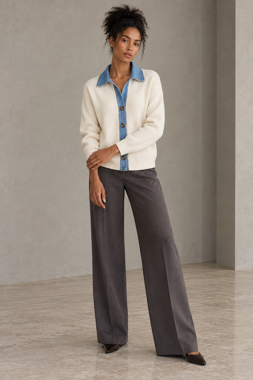 Cardigan de punto con cuello y cenefa de denim color Crudo, vista frontal completa