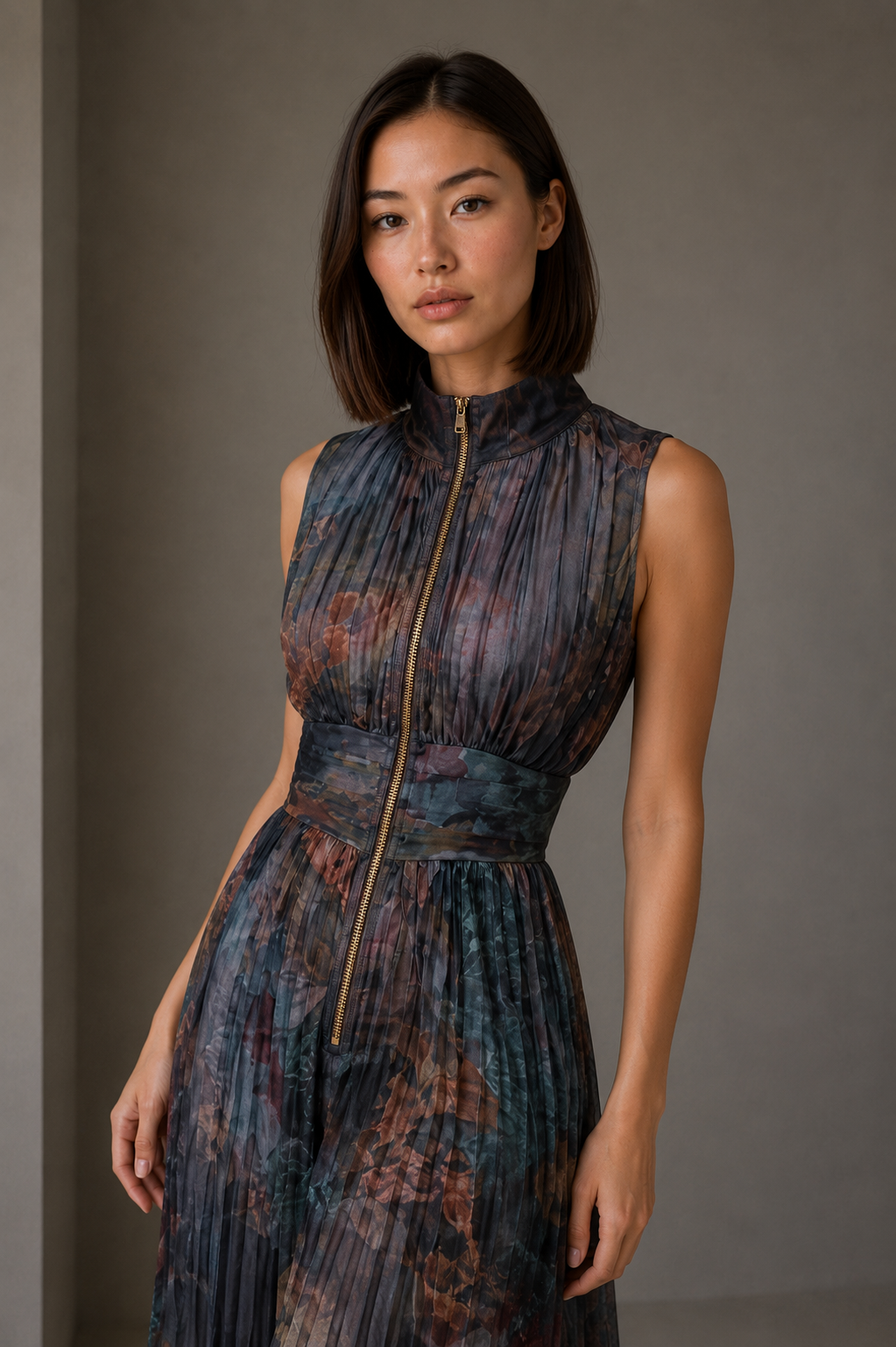 Vestido largo plisado en Floral Óleo — detalle