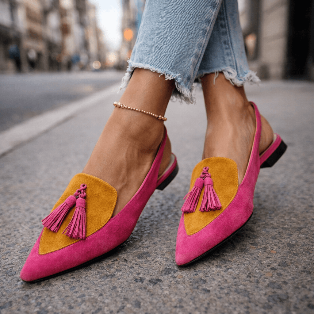 Lorena | Mules Bicolor Elegantes con Pompones