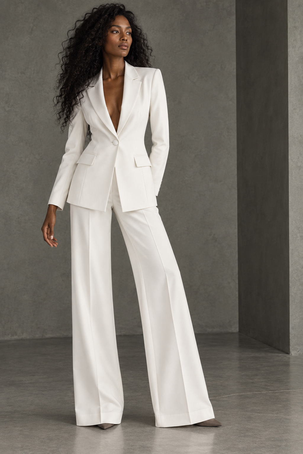 Traje de blazer entallada y pantalón ancho color Crudo, vista frontal completa