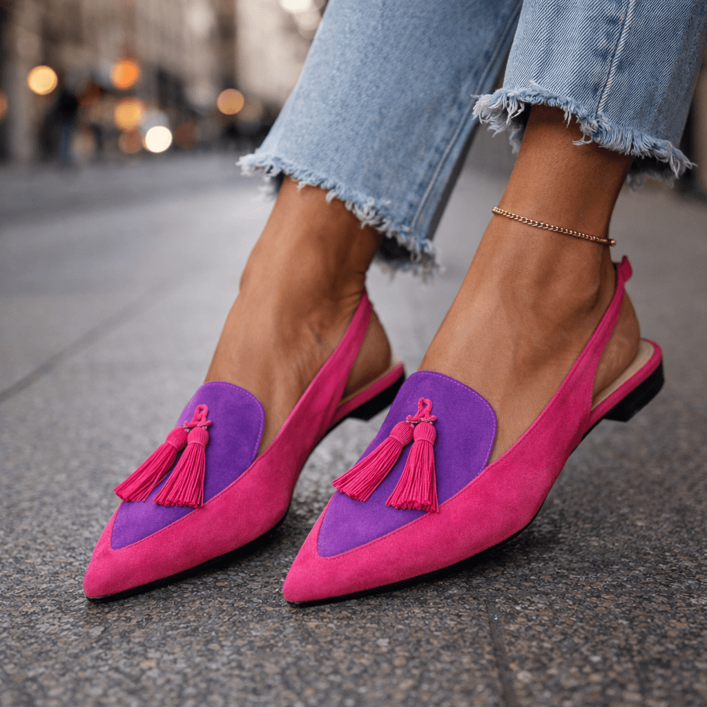 Lorena | Mules Bicolor Elegantes con Pompones