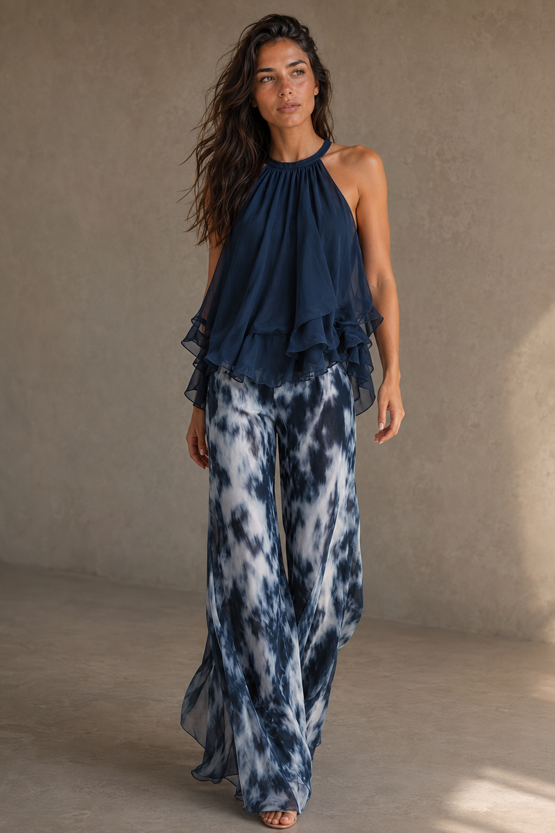 Conjunto top halter de gasa y pantalón estampado — frontal