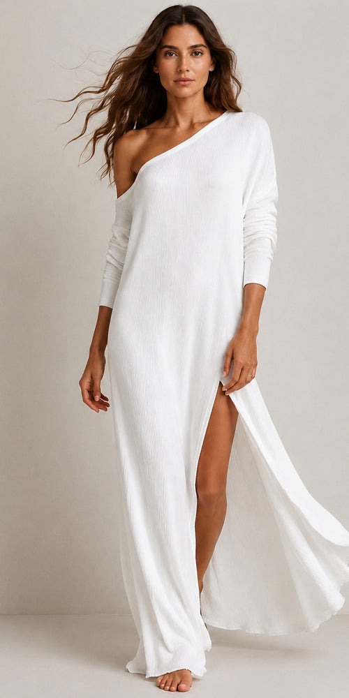 Vestido OLIVIA color Blanco Nieve, maxi de un hombro en punto acanalado, vista frontal