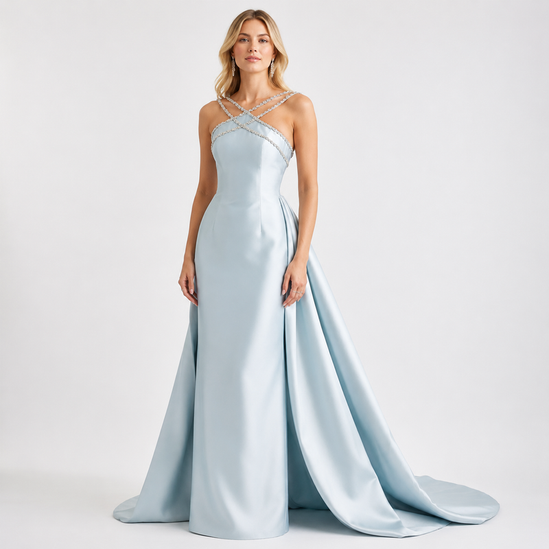 Vestido Largo Satén Halter con Pedrería de Alma Sotelo — foto 1 de 2