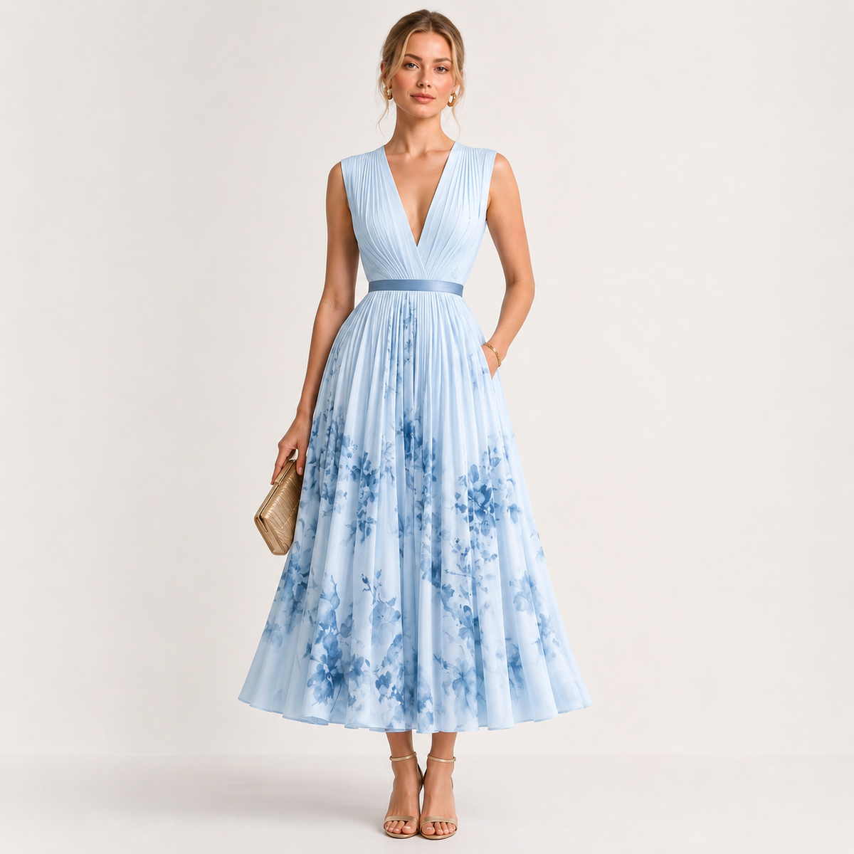 Vestido Midi Plisado Floral Escote Pico de Alma Sotelo — foto 1 de 4