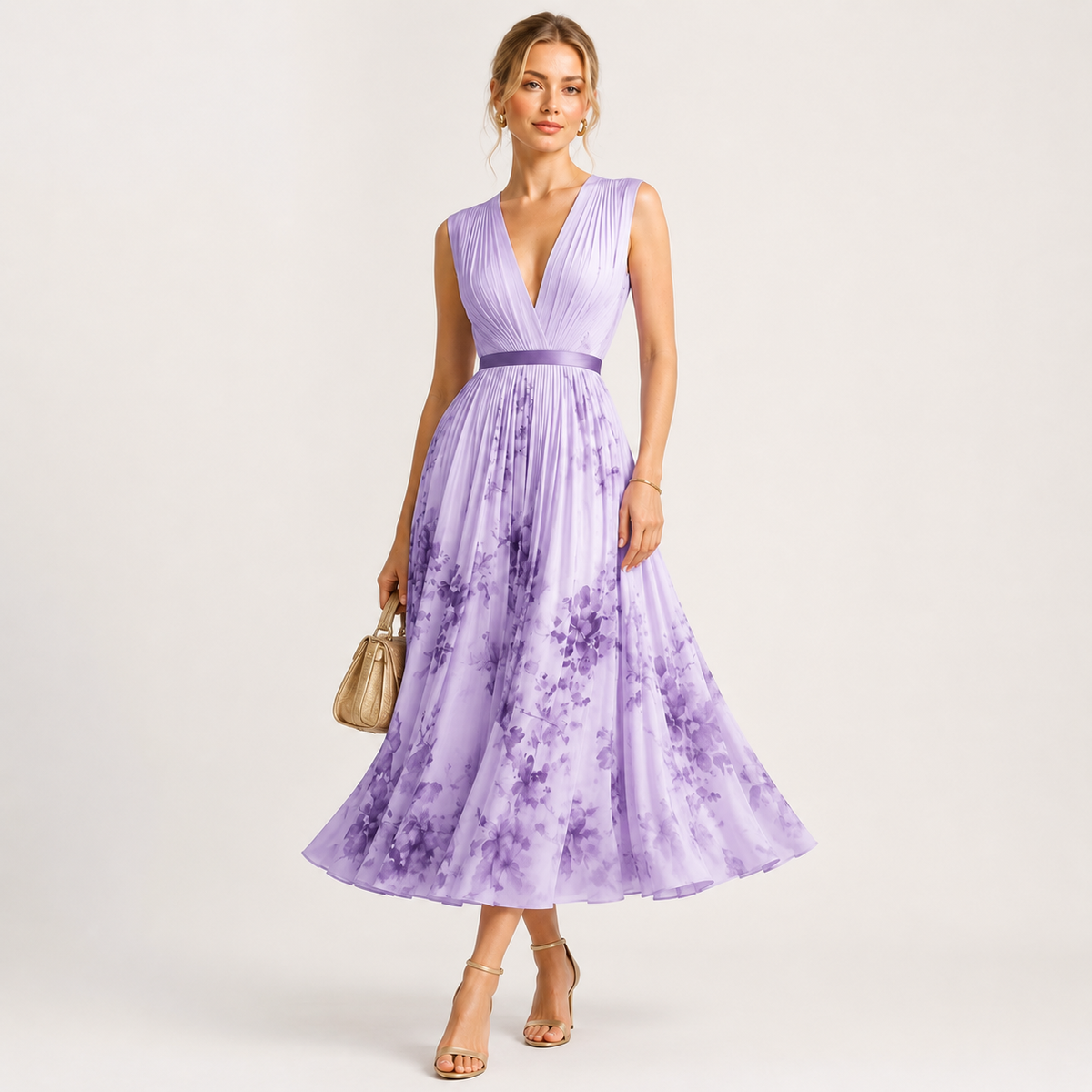 Vestido Midi Plisado Floral Escote Pico de Alma Sotelo — foto 2 de 4