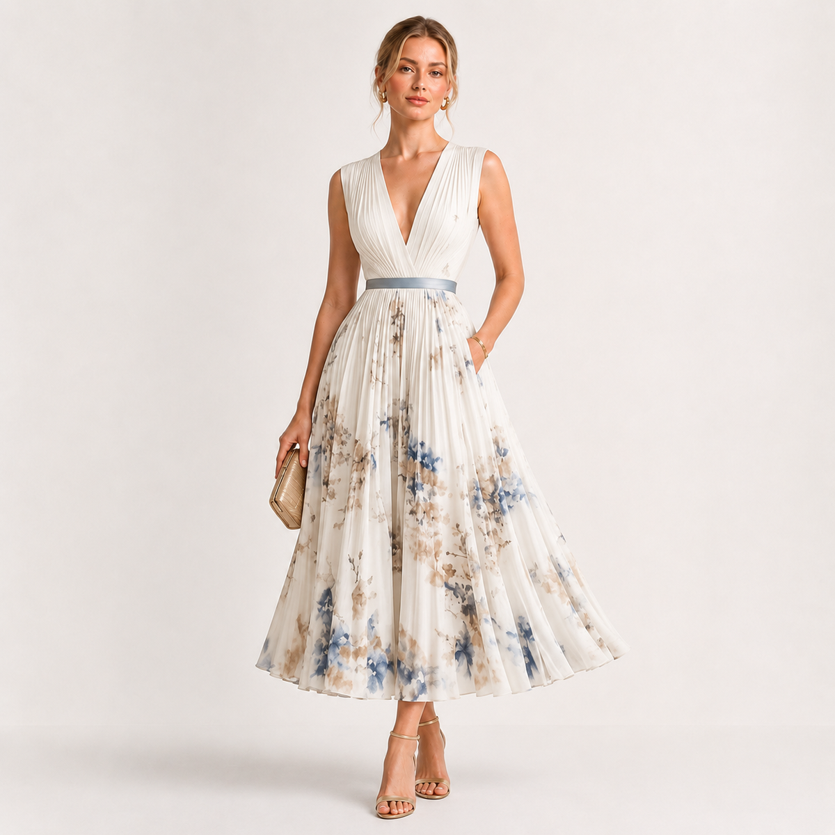 Vestido Midi Plisado Floral Escote Pico de Alma Sotelo — foto 3 de 4