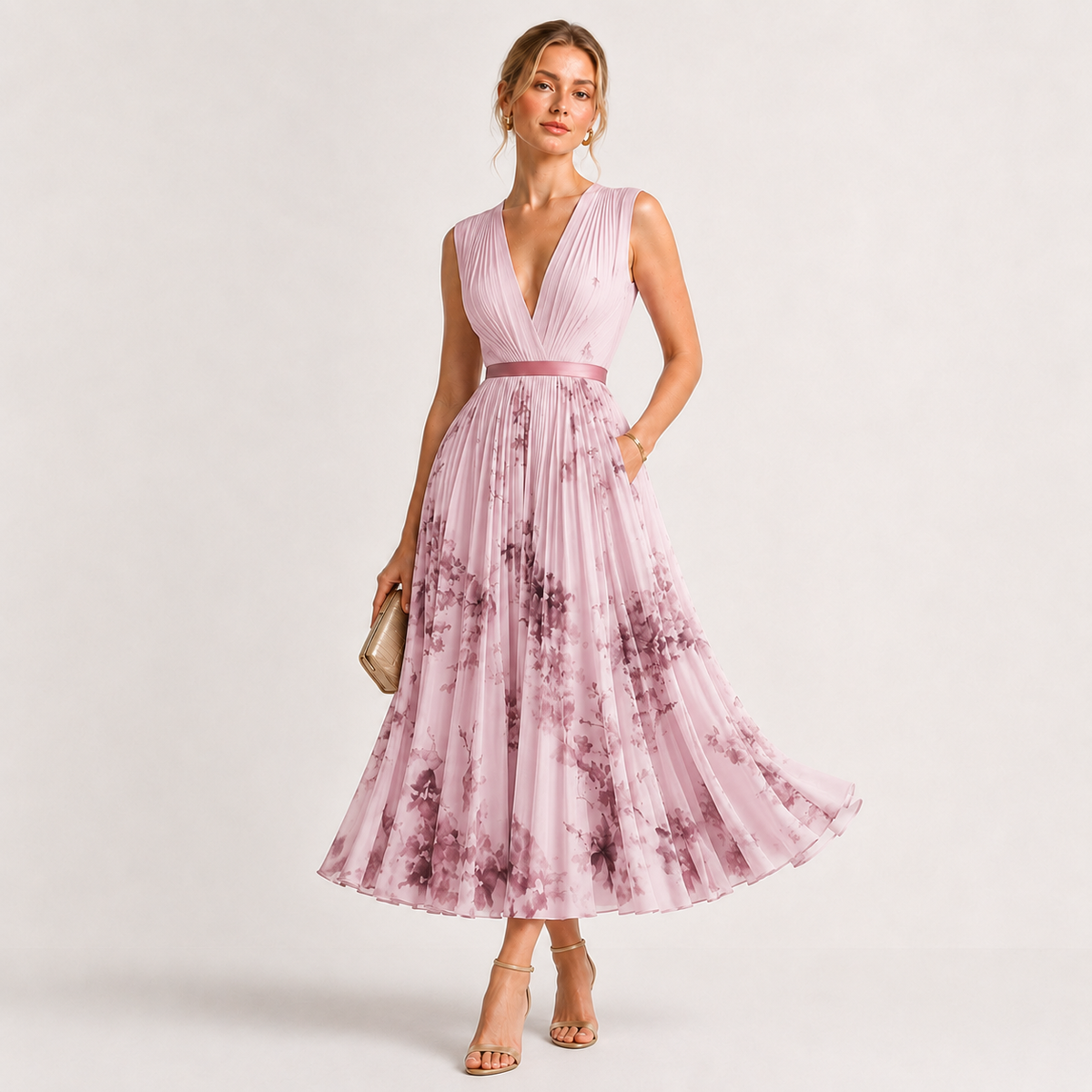 Vestido Midi Plisado Floral Escote Pico de Alma Sotelo — foto 4 de 4