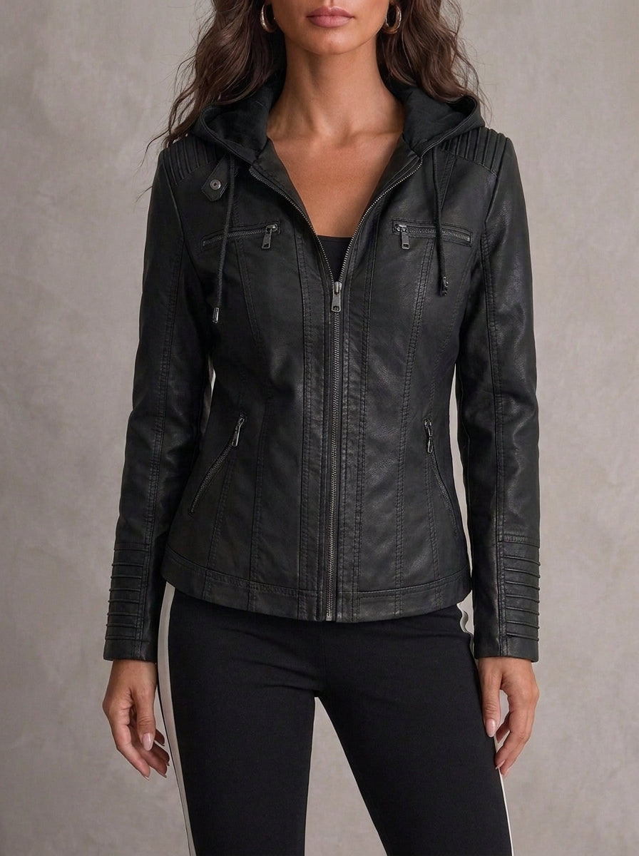 Flavia chaqueta efecto piel con capucha negra