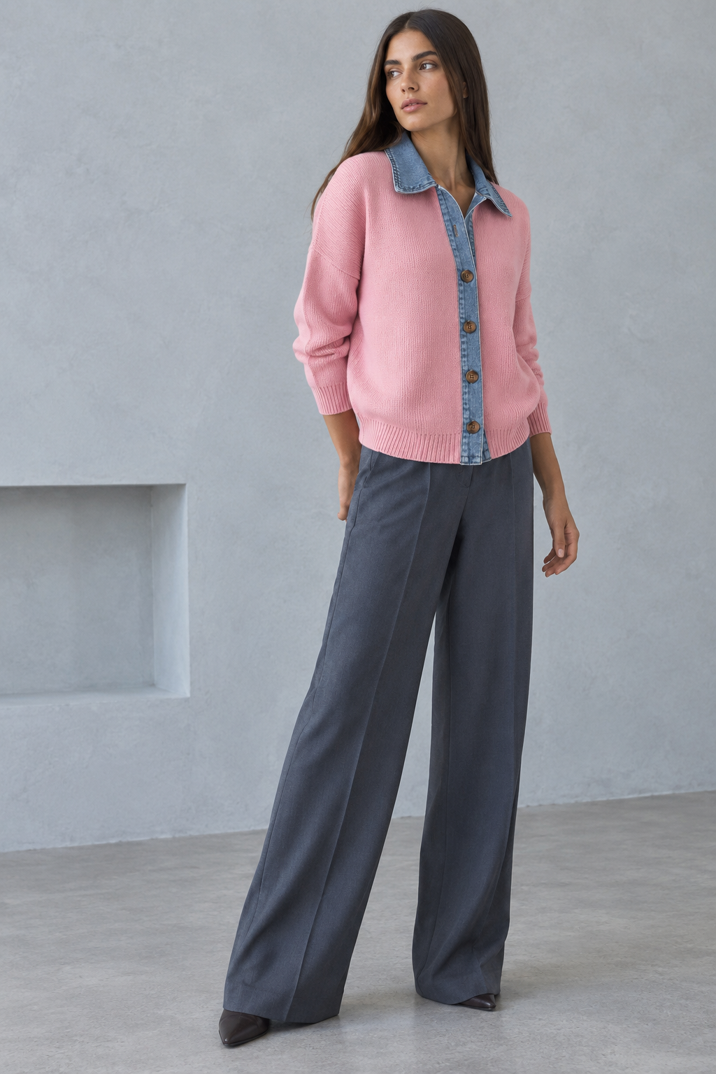 Cardigan de punto con cuello y cenefa de denim color Rosa, vista frontal completa