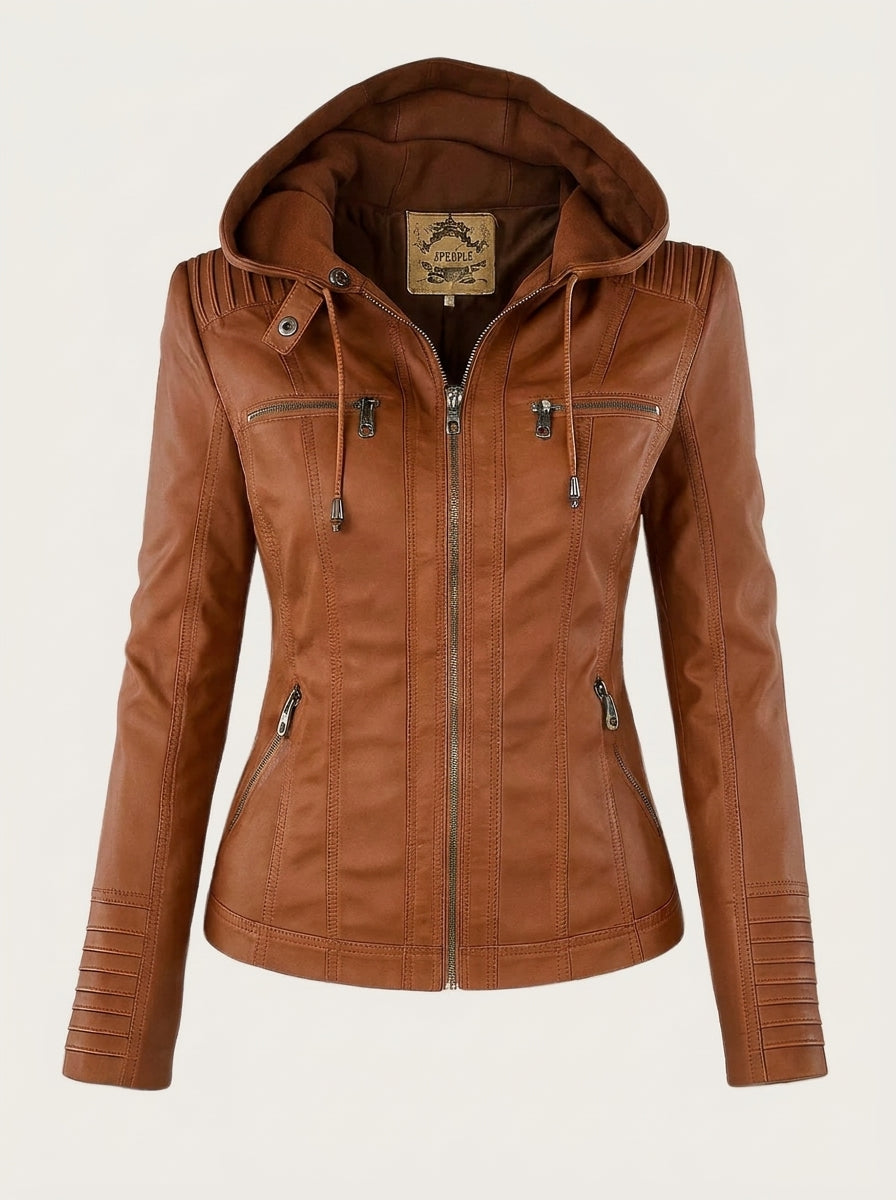Flavia chaqueta efecto piel marrón claro con capucha, vista delantera
