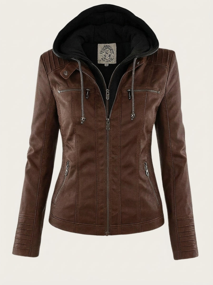 Flavia chaqueta efecto piel marrón oscuro con capucha negra, vista delantera