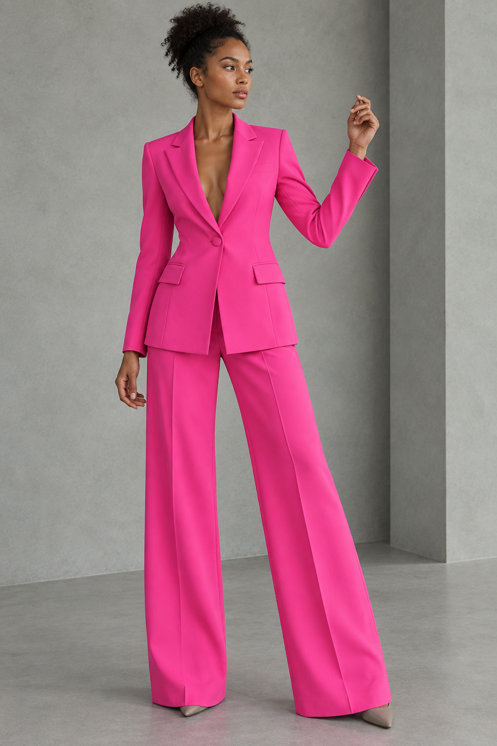 Traje de blazer entallada y pantalón ancho color Fucsia, vista frontal completa