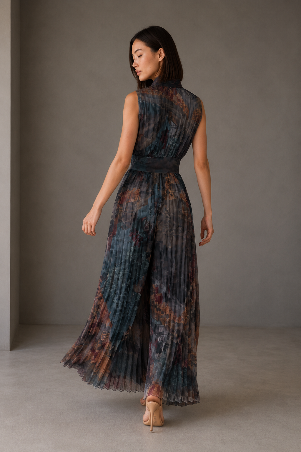 Vestido largo plisado en Floral Óleo — trasera