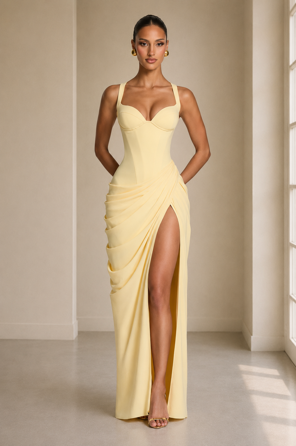 ISABELA — vestido largo corsé en Amarillo Limón, frontal