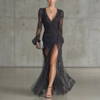 Quintina | Vestido Largo Negro de Encaje con Abertura