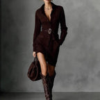 Adelina, vestido camisero efecto ante en marrón oscuro