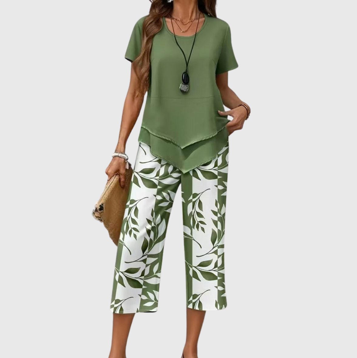Avy | Conjunto Casual de Dos Piezas con Estampado de Hojas