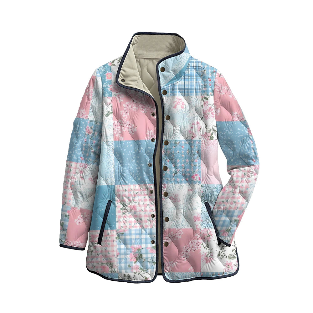 Chaqueta acolchada con patchwork en rosa empolvado y azul