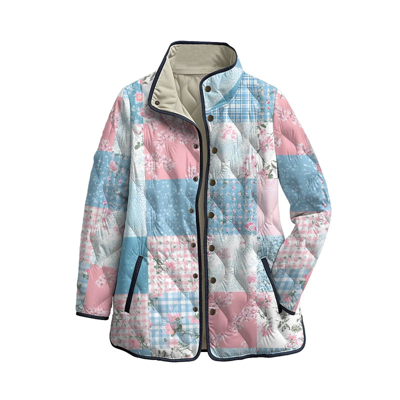 Chaqueta acolchada con patchwork en rosa empolvado y azul