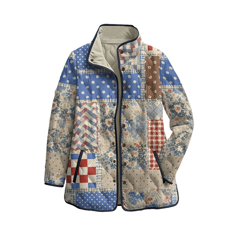 Chaqueta acolchada con patchwork en indigo y teja