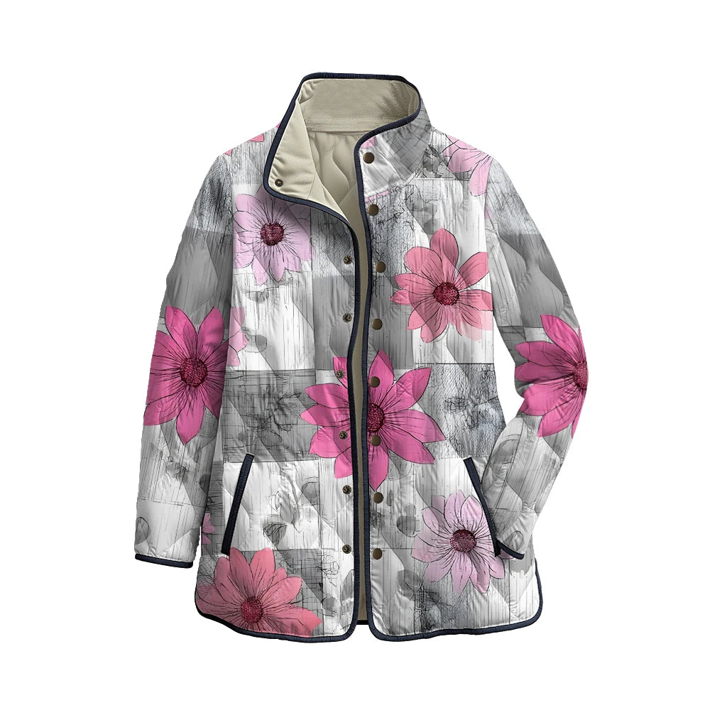 Chaqueta acolchada con flores fucsia sobre gris