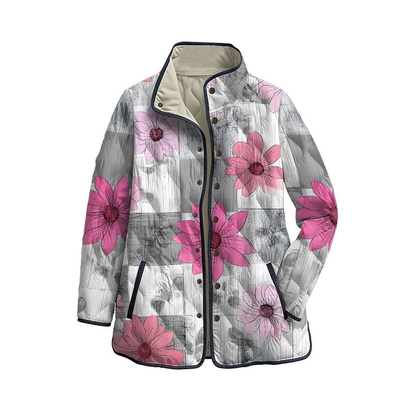Chaqueta acolchada con flores fucsia sobre gris
