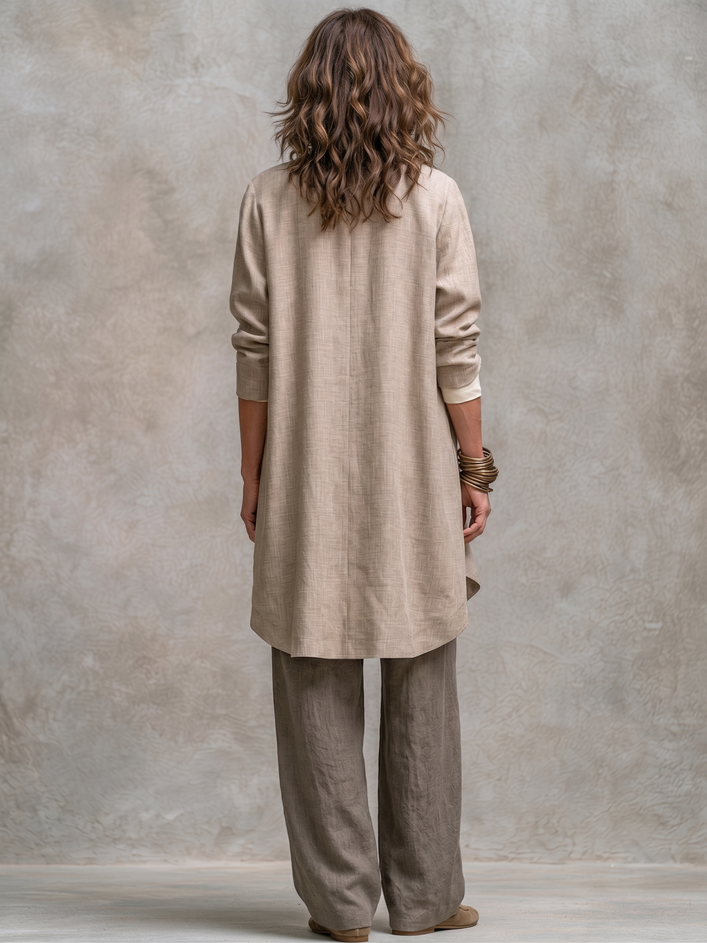 Costanza | Conjunto de Tres Piezas Beige y Gris, Casual en Capas, con Pantalón Palazzo, Elegante