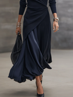 Loredana vestido largo azul marino, detalle de la falda de satén