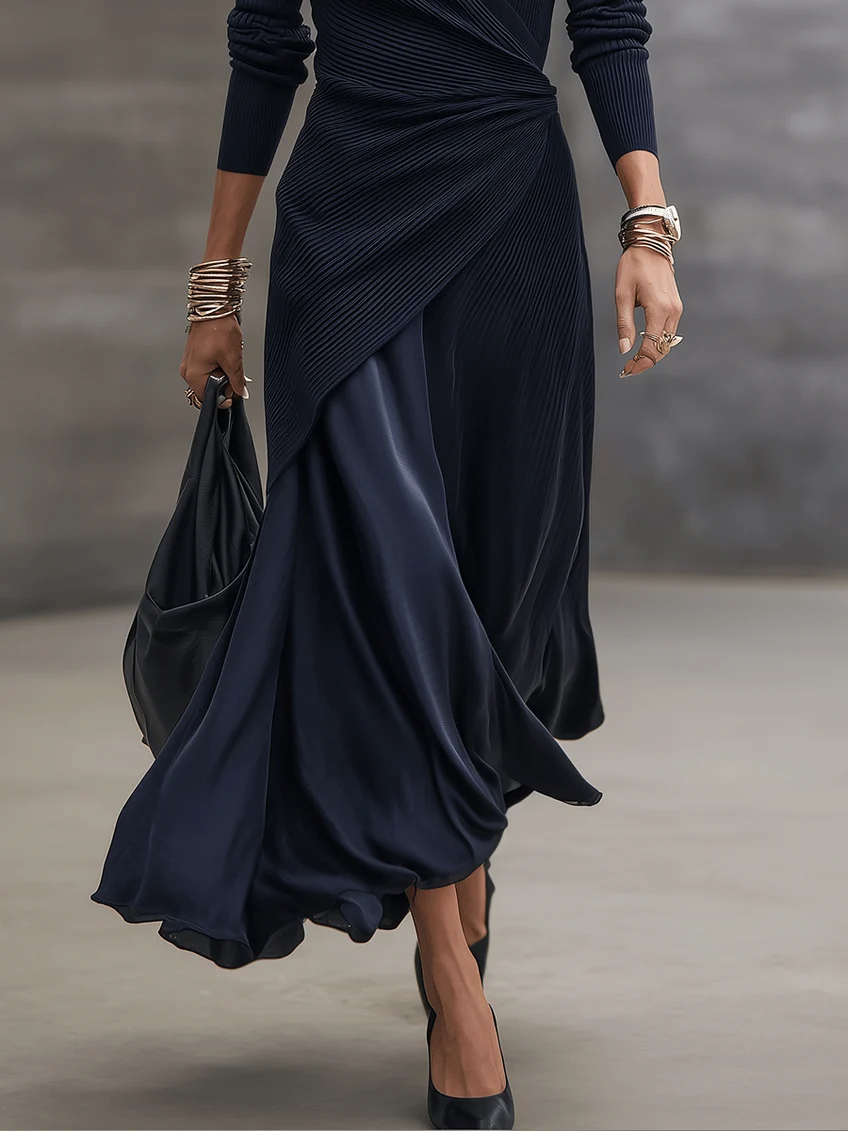 Loredana vestido largo azul marino, detalle de la falda de satén