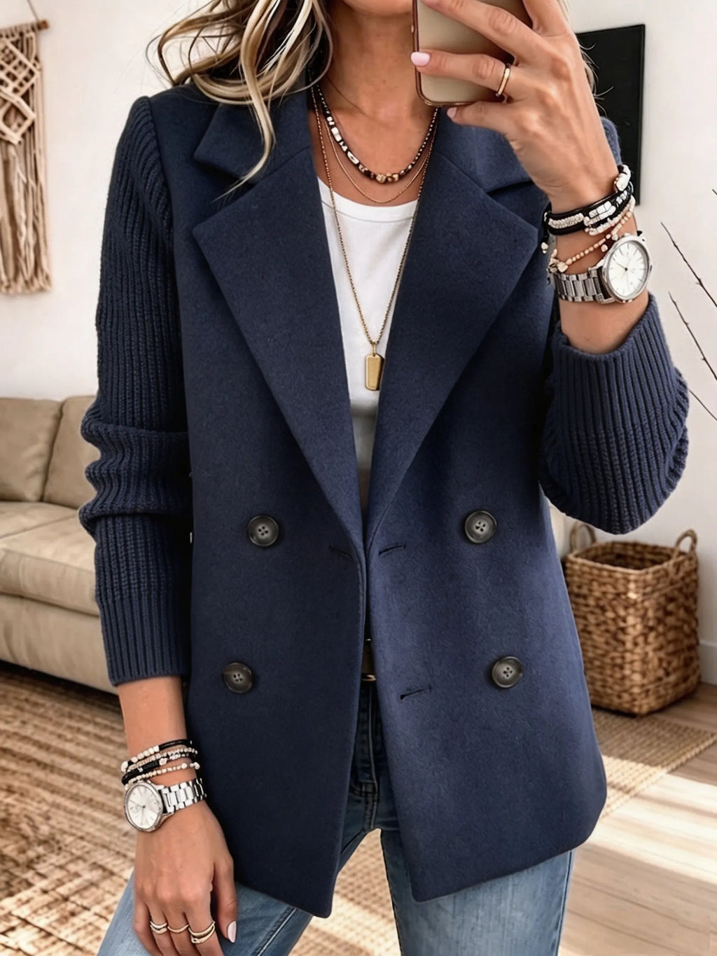 Adela, chaqueta americana con mangas de punto, color azul marino