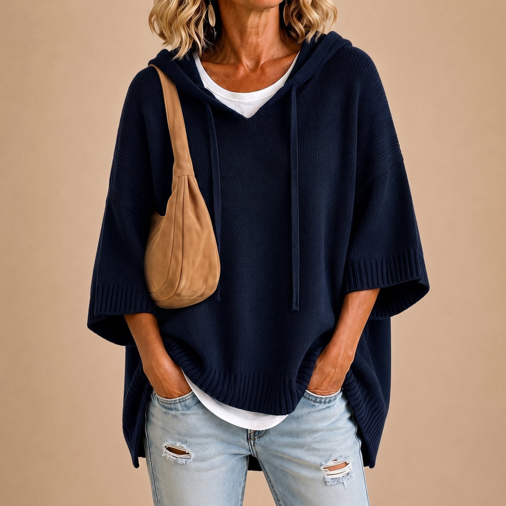 Lourdes - Poncho de punto con capucha azul marino