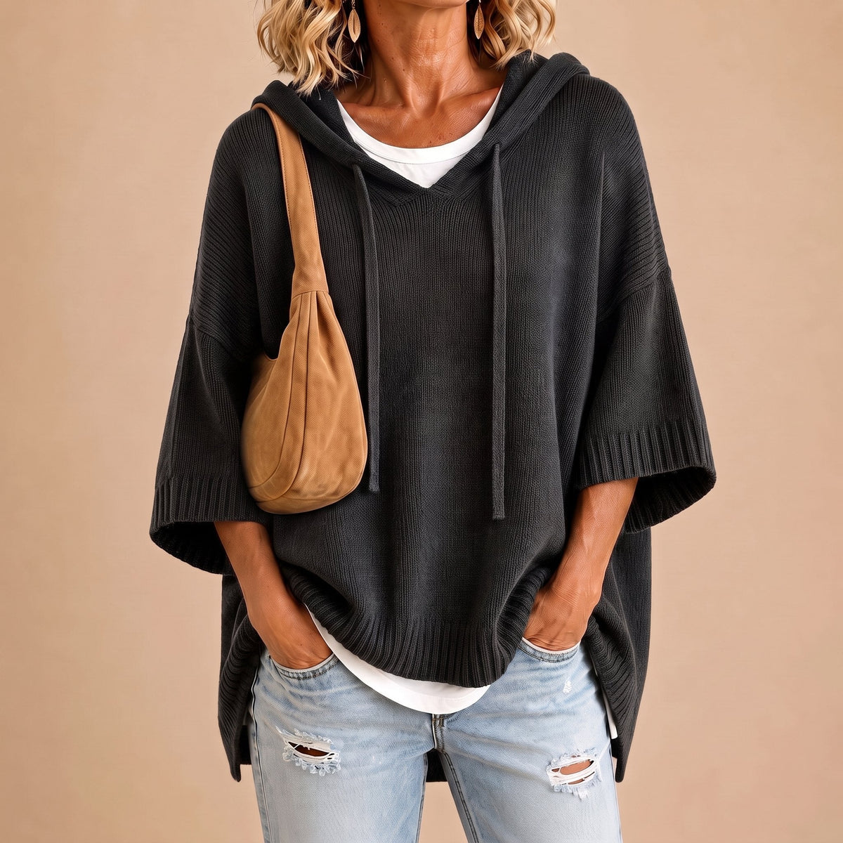 Lourdes - Poncho de punto con capucha gris