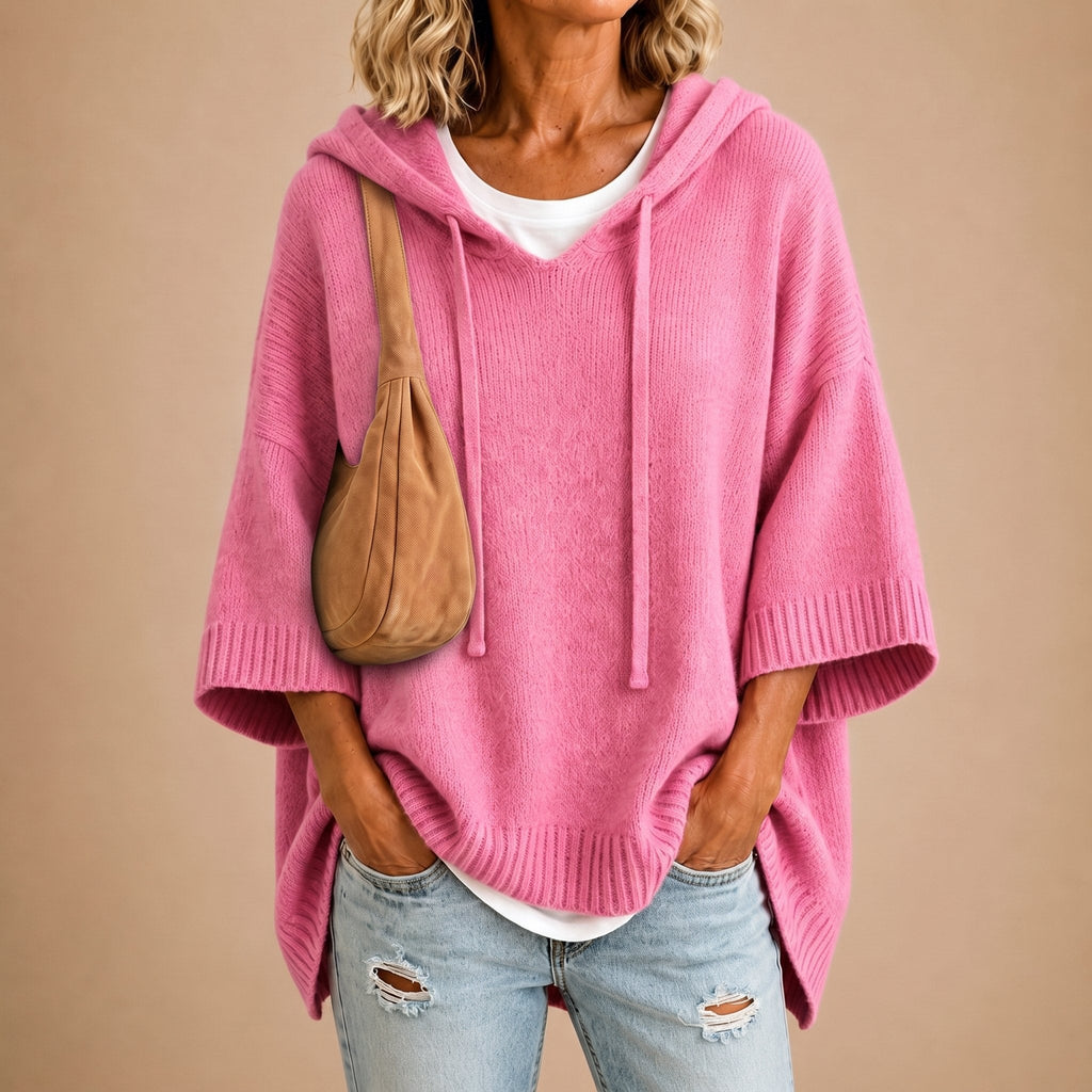 Lourdes - Poncho de punto con capucha rosa