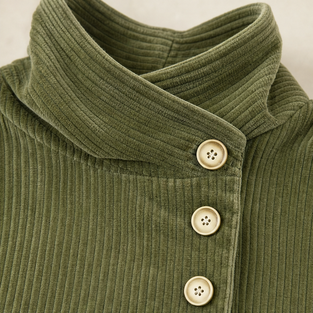 Candela - Detalle del cuello alto y los botones
