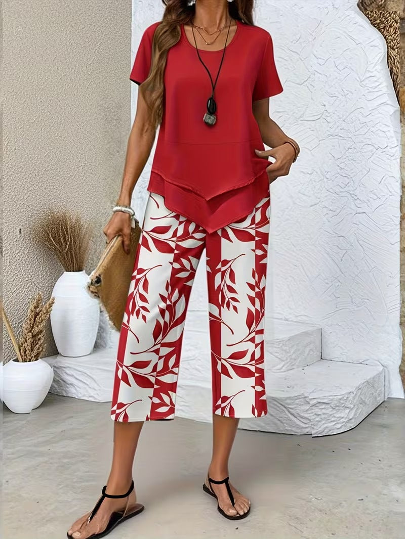Avy | Conjunto Casual de Dos Piezas con Estampado de Hojas